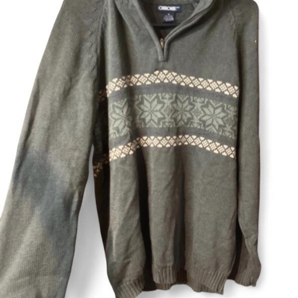 Cherokee Vintage NWT Fair Isle Nordic Quarter Zip Sweater Olive Green Cotton M